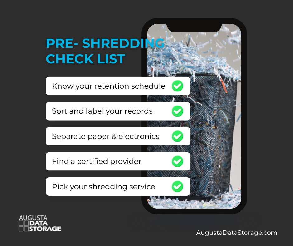 Pre-Shredding Check List
- Know your retention schedule
- Sort and label your records
- Separate paper & electronics
- Find a certified provider
- Pick your shredding service