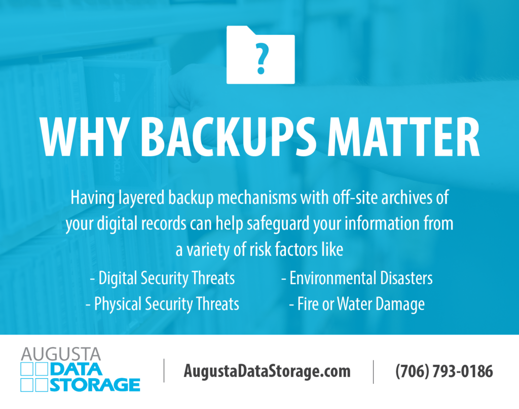 WHY BACKUPS MATTER
Having layered backup mechanisms with off-site archives of your digital records can help safeguard your information from a variety of risk factors like
- Digital Security Threats
- Physical Security Threats
- Environmental Disasters
- Fire or Water Damage