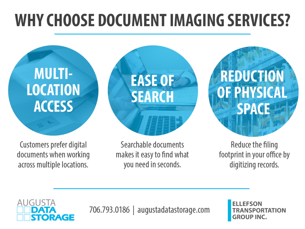 Why choose document imaging services?Multi-location access: Customers prefer digital documents when working across multiple locationsEase of search: Searchable documents makes it easy to find what you need in secondsReduction of physical space: Reduce the filing footprint in your office by digitizing records